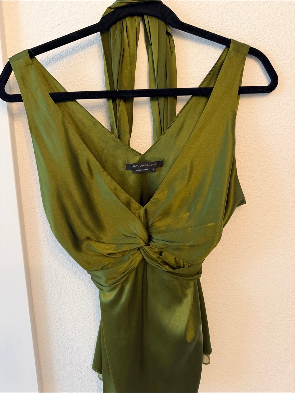 BCBGMaxAzria Olive Satin Twist-Front Halter Top